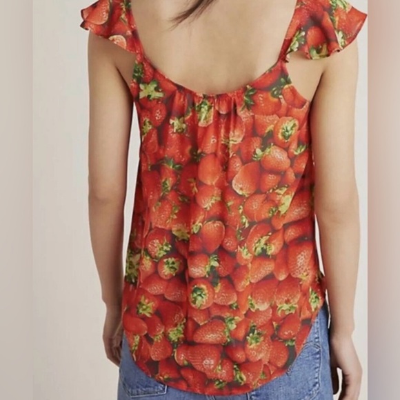 ANTHROPOLOGIE Ruffled Strawberry Top Printed Chiffon Red Blouse Pullover Tank - Picture 3 of 9